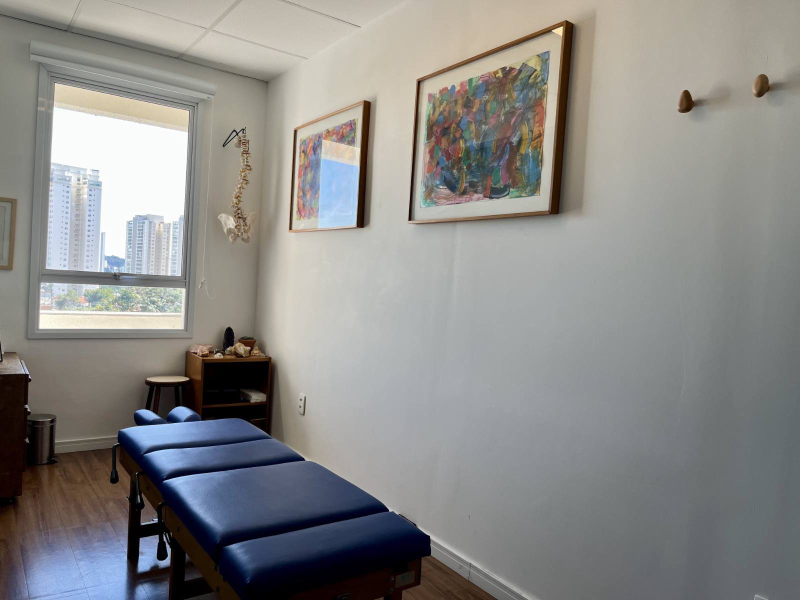 Sala de atendimento com pinturas abstratas e vista